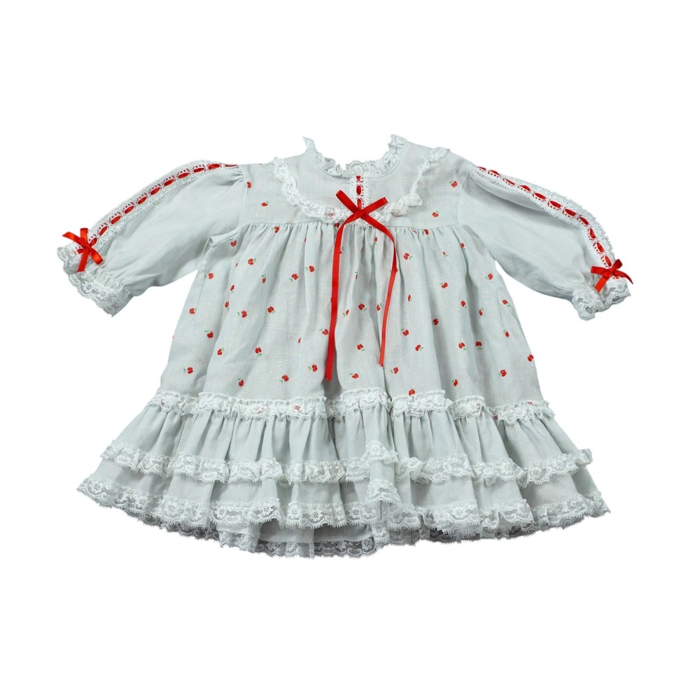 Vintage 12M Cutest One Baby Girl Apple Print Lace Ruffle Dress Gray Red Prairie